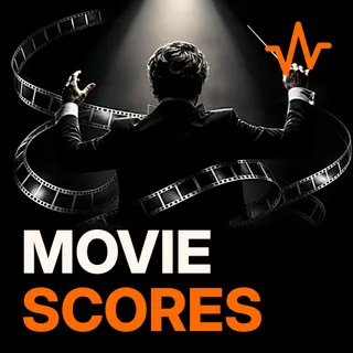 Classic Movie Soundtracks: Film Scores playlist cover: a conductor with baton in tuxedo from behind