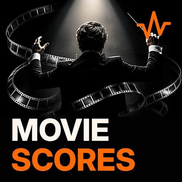 Classic Movie Soundtracks: Film Scores playlist cover: a conductor with baton in tuxedo from behind