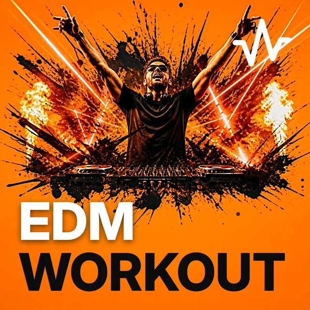 EDM Workout: High Energy Gym Mix playlist cover: a DJ with raised hands and lasers