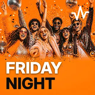 Friday Night Playlist: Pregame and Party Music playlist cover: a friend group cheering with arms up at a house party
