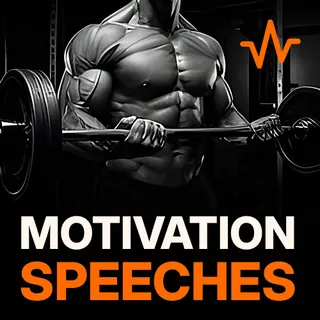 A man lifting a heavy barbell doing standing curls with the text: Motivation Speeches