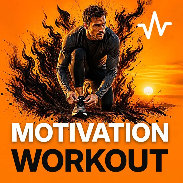 Motivational Workout Music: Speeches and Beats playlist cover: a man on his knees tying shoes at sunrise determined