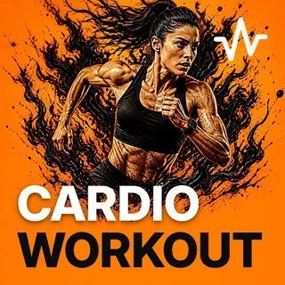 Cardio Workout Music: Power Hits playlist cover: a woman running on a treadmill with heart rate monitor