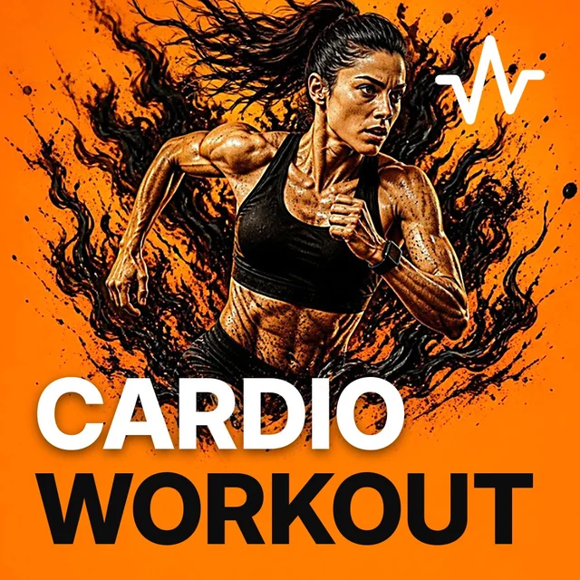Cardio Workout Music: Power Hits playlist cover: a woman running on a treadmill with heart rate monitor