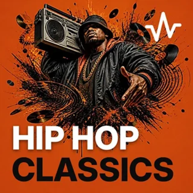 Hip Hop Classics: Uncut Rap, No Radio Edits playlist cover: a 90s hip hop head in oversized jacket and bucket hat