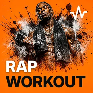 Rap Workout: Hard Hip Hop for the Gym playlist cover: a muscular rapper with towel around neck and dumbbell