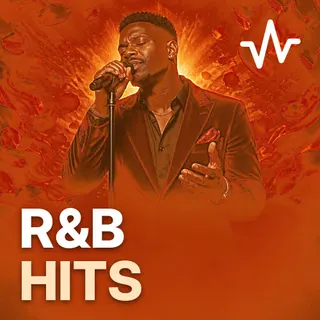 R&B Hits: 90s to Now playlist cover: a smooth R&B singer in a velvet jacket singing into microphone