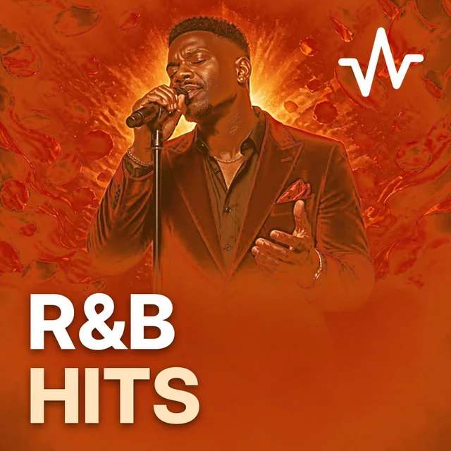 R&B Hits: 90s to Now playlist cover: a smooth R&B singer in a velvet jacket singing into microphone