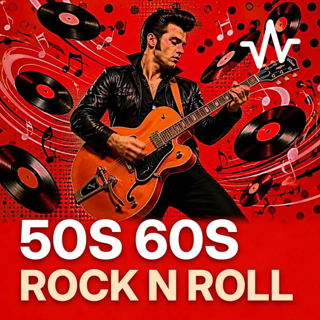 50s and 60s Rock and Roll Classics playlist cover: a 1950s rockabilly guitarist with quiff hair, hollow body guitar