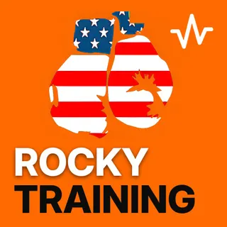 Rocky Training Montage: All Rocky Soundtracks playlist cover: a boxer in grey sweatsuit running up stone stairs raising fists