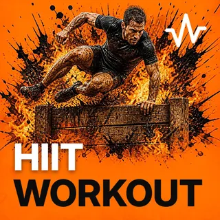 HIIT Workout Music: Obstacle Race Training playlist cover: an athlete mid-jump over a wooden obstacle wall