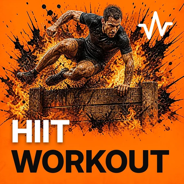 HIIT Workout Music: Obstacle Race Training playlist cover: an athlete mid-jump over a wooden obstacle wall