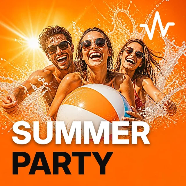 Summer Party Music: Sunny Day Hits playlist cover: friends laughing with sunglasses and beach ball