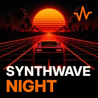 Synthwave: Retro Night Drive playlist cover: a red sports car driving toward a big neon sun with palm trees
