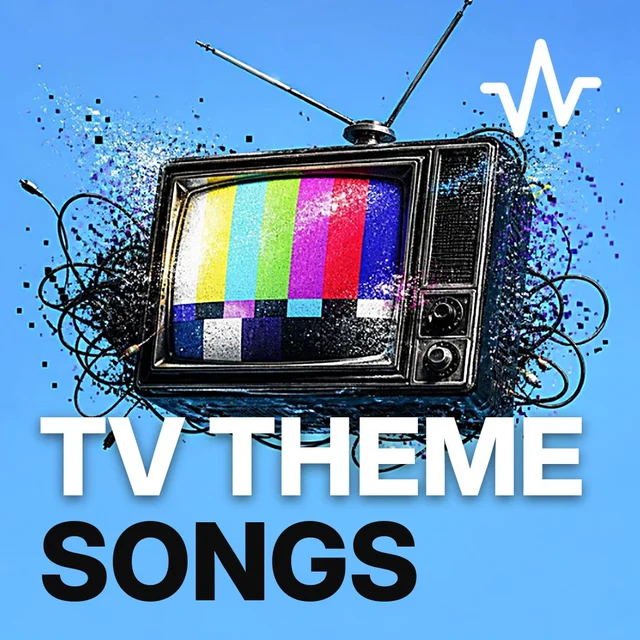 TV Theme Songs and Series Soundtracks playlist cover: a retro 80s CRT television glowing with colour bars
