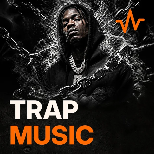 Trap Music: Bass-Heavy Bangers playlist cover: a rapper in hoodie with ice chain in dark