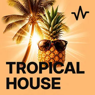 Tropical House: Chill Beach Vibes playlist cover: a palm tree and pineapple with sunglasses